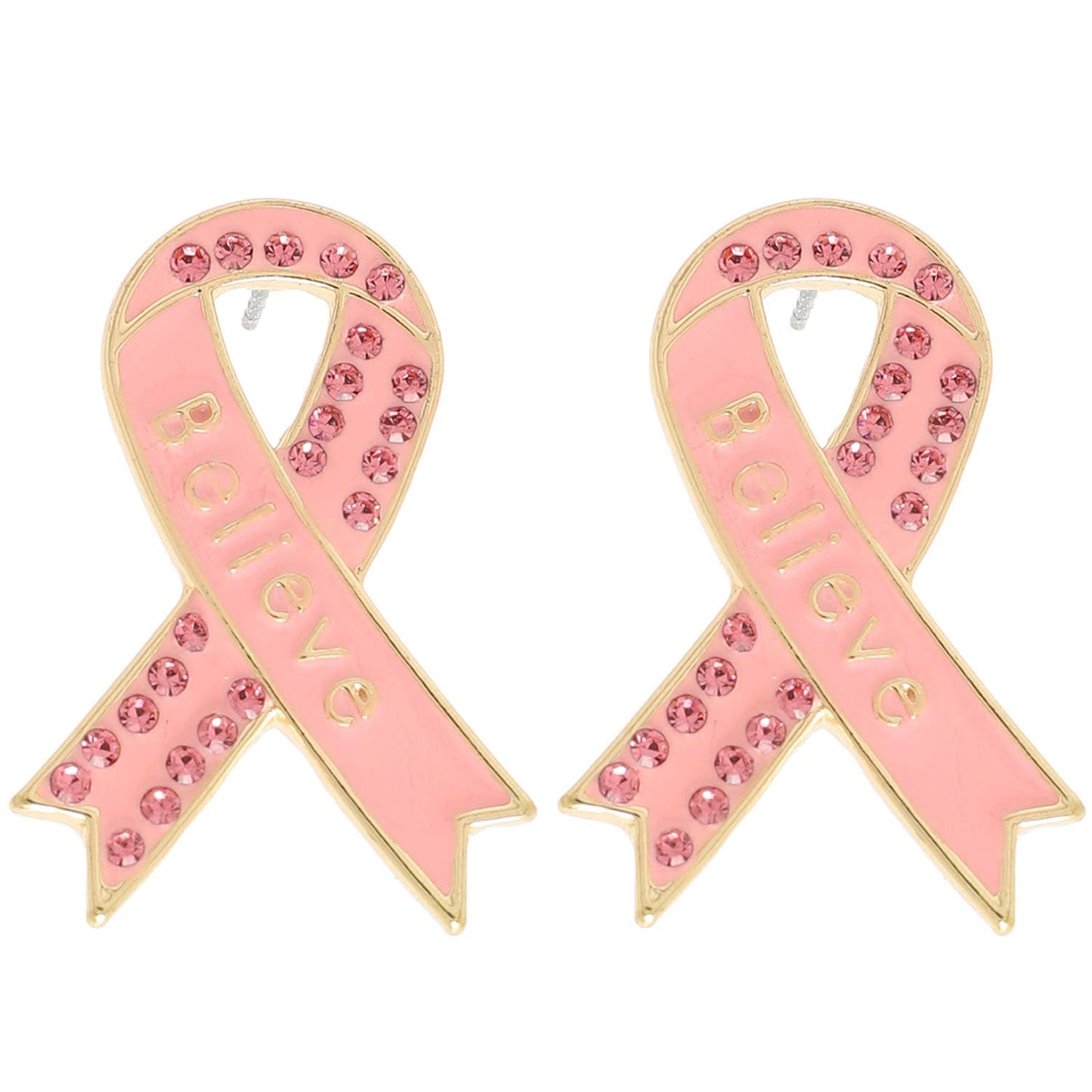 Breast Cancer Awareness Pink Ribbon Earrings : Silver