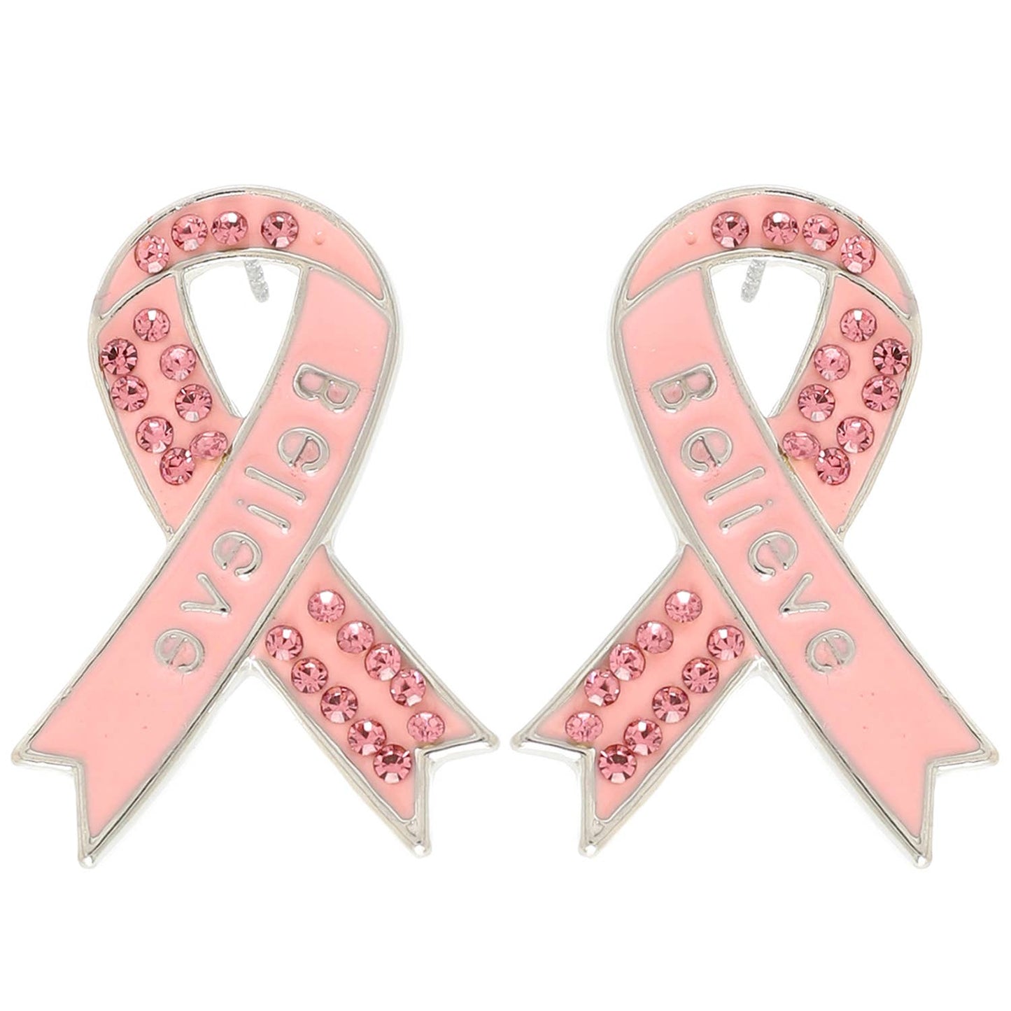 Breast Cancer Awareness Pink Ribbon Earrings : Silver