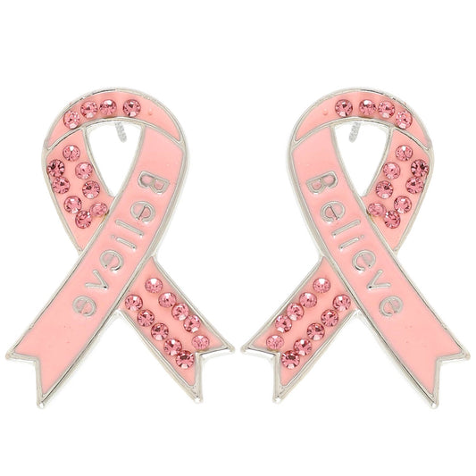 Breast Cancer Awareness Pink Ribbon Earrings : Silver