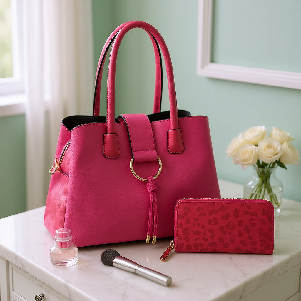 Top Handle Satchel Hobo Bag Set: FUSHIA