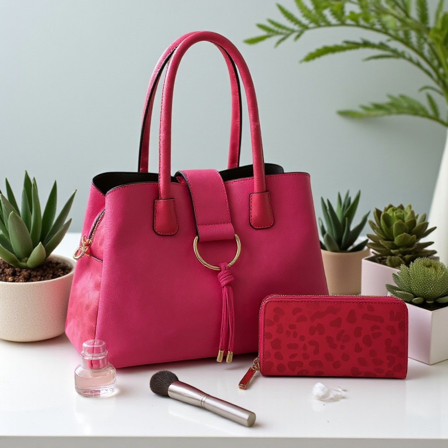 Top Handle Satchel Hobo Bag Set: FUSHIA