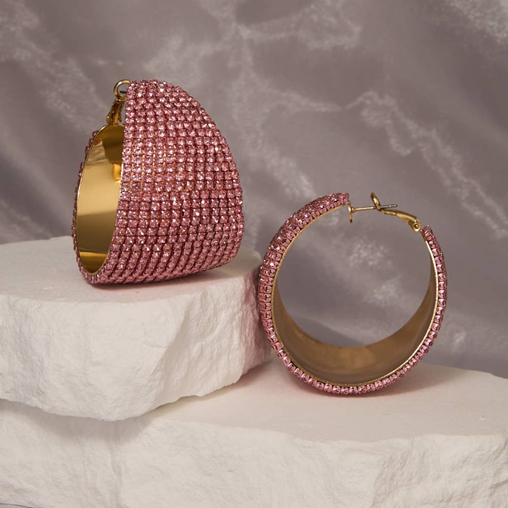 Luxurious Rhinestone Pave Chunky Huggie Hoop Earrings: Pink