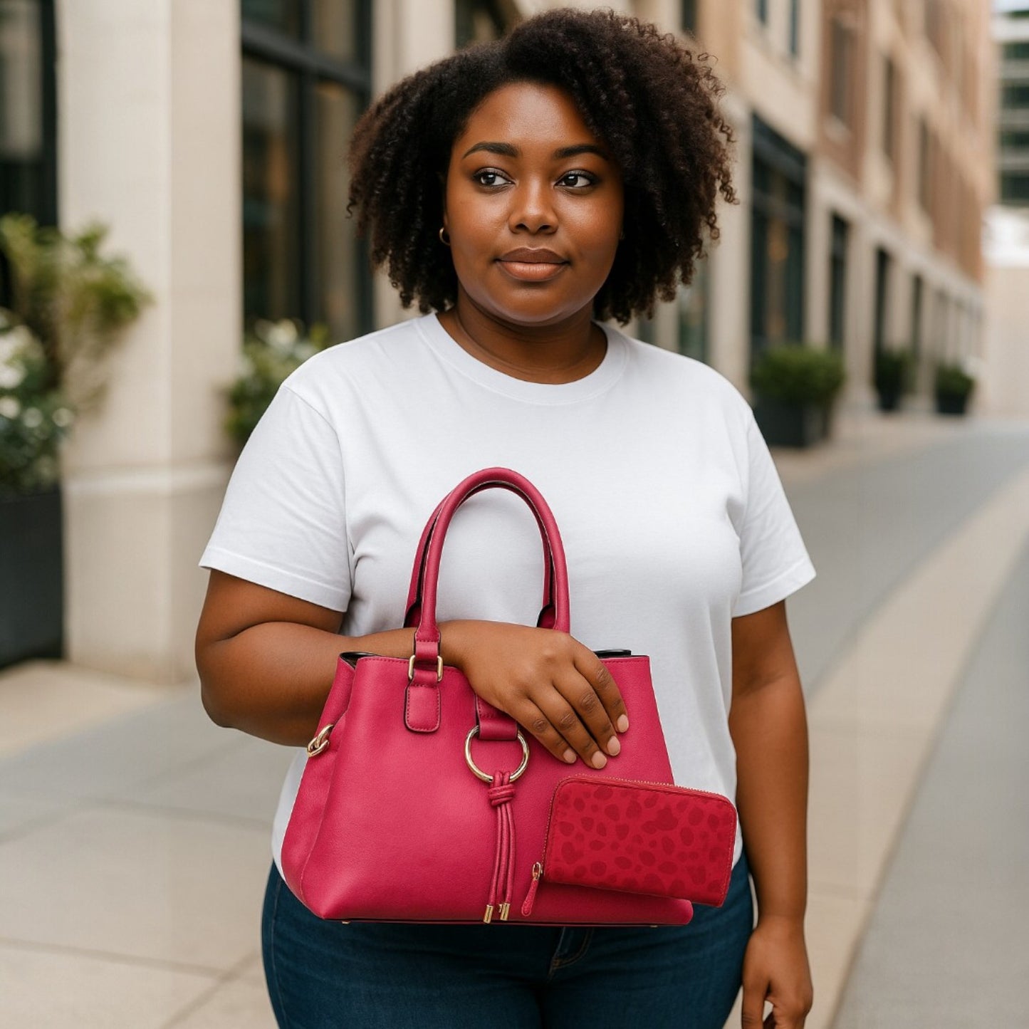 Top Handle Satchel Hobo Bag Set: FUSHIA